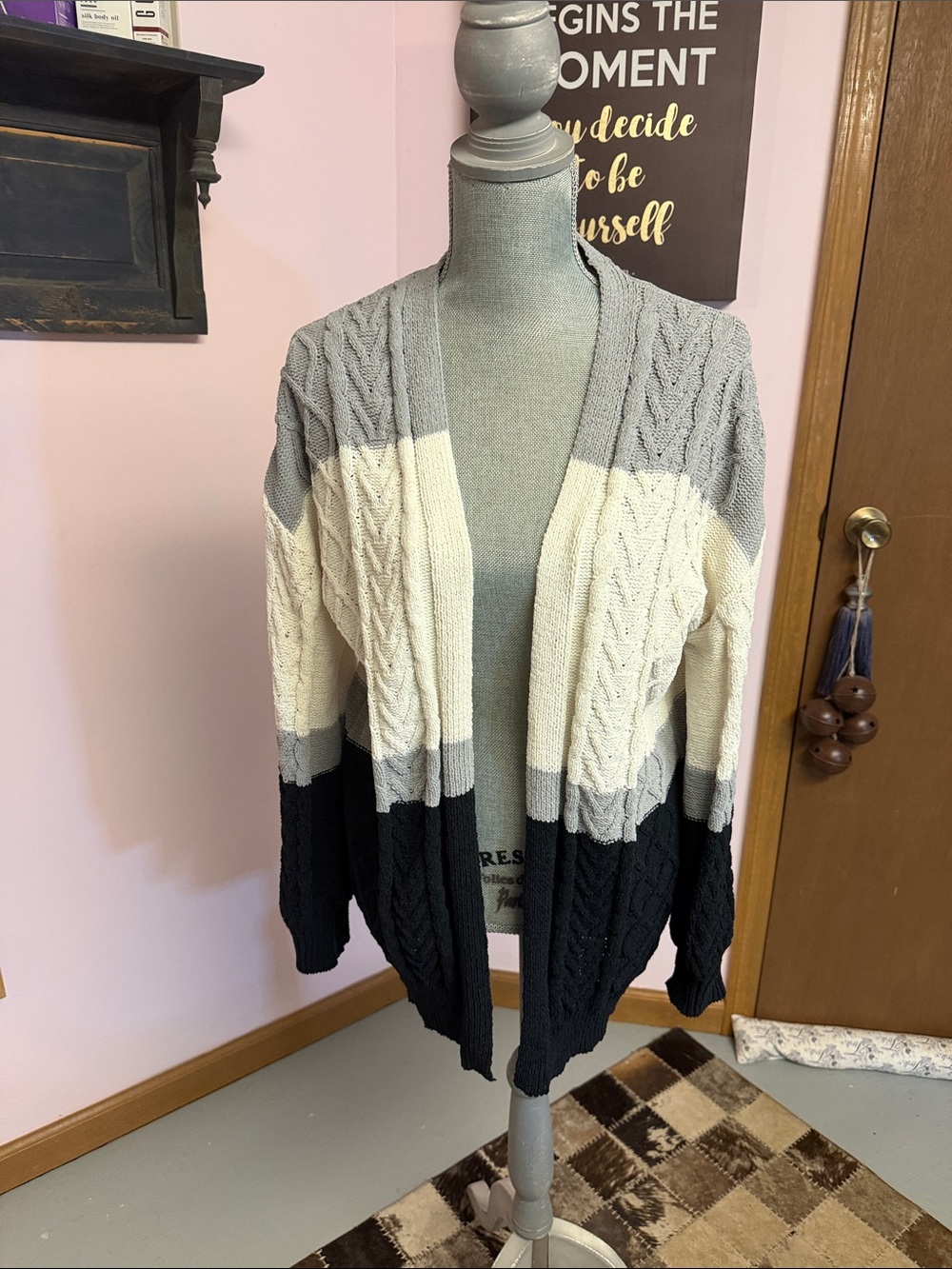 Derek Heart Gray, Cream & Black Cable Knit Open Front Cardigan